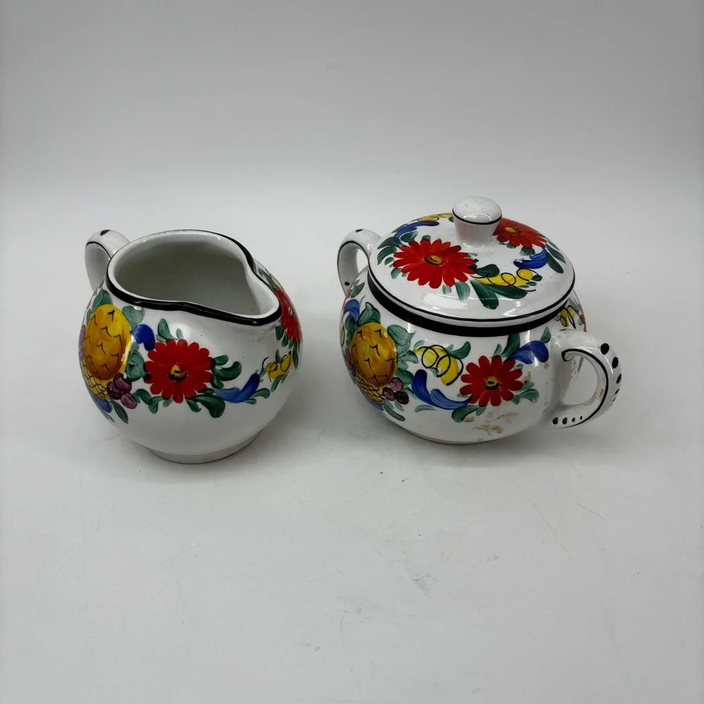 Vtg #1796 De Luxe H. & N. Germany Hand Painted Ceramic Creamer Sugar Majolica